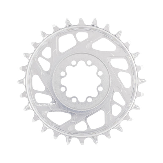 BURGTEC THICK THIN BOOST 1-fach-Kettenblatt, 12-fach, Direct Mount, 8 Schrauben, T-Type Narrow Wide, 3 mm Versatz, Silber — Kettenblatt auf weißem Hintergrund