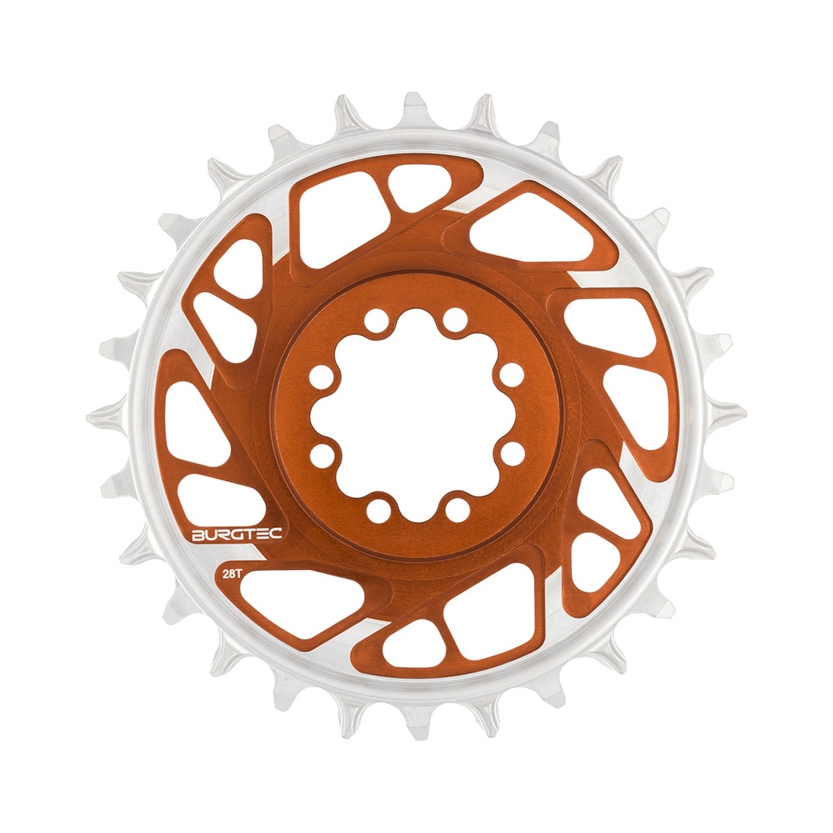 BURGTEC THICK THIN BOOST 1-fach-Kettenblatt, 12-fach, Direct Mount, 8 Schrauben, T-Type Narrow Wide, 3 mm Versatz, Bronze — Kettenblatt auf weißem Hintergrund