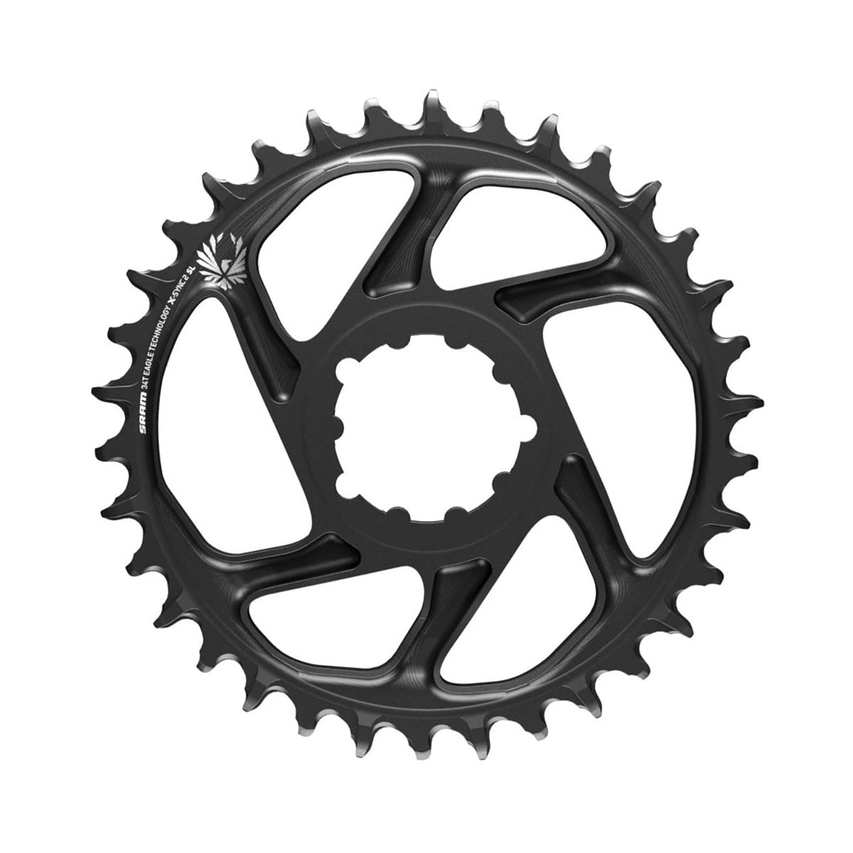 SRAM EAGLE X-SYNC 2 SL 1-fach-Kettenblatt, 12-fach, Direct Mount, 6 mm Versatz, Schwarz — Kettenblatt auf weißem Hintergrund