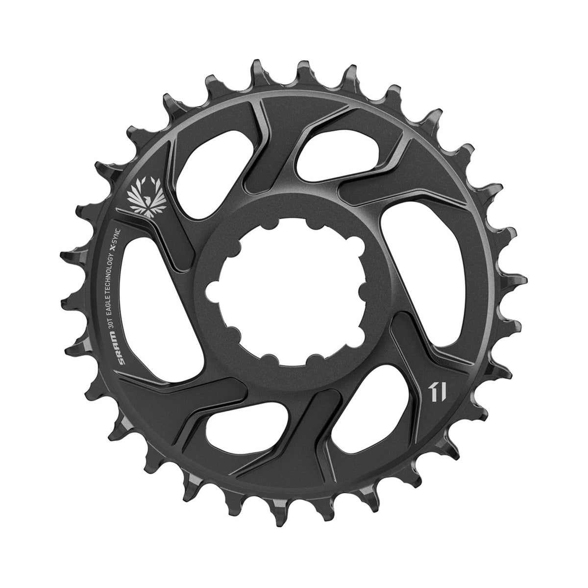SRAM X-SYNC 2 EAGLE 1-fach-Kettenblatt, 12-fach, Direct Mount, 4 mm Versatz, Schwarz — Kettenblatt auf weißem Hintergrund