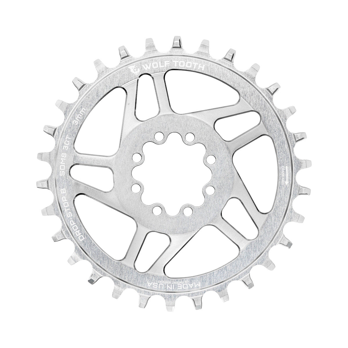 WOLF TOOTH DROP-STOP B 1-fach-Kettenblatt, Direct Mount mit 8 Schrauben, SRAM Eagle Boost, 3 mm Versatz, Raw Silver — Kettenblatt auf weißem Hintergrund