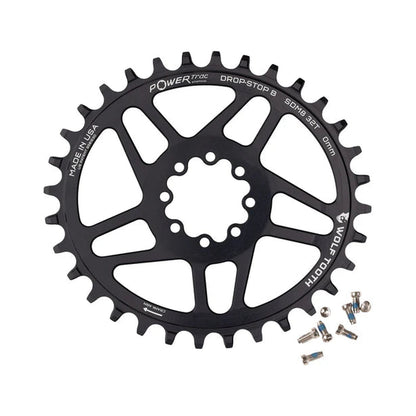 Ovales WOLF TOOTH 1-fach-Kettenblatt, 12-fach, SRAM Direct Mount mit 8 Schrauben, 3 mm Versatz — Kettenblatt auf weißem Hintergrund