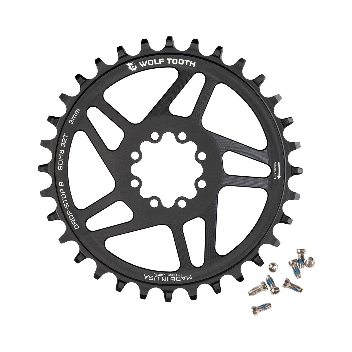 WOLF TOOTH Einfach-Kettenblatt für SRAM, 12-fach, Direct Mount, 8 Schrauben, 3 mm Offset — Kettenblatt auf weißem Hintergrund