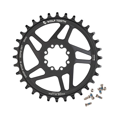 WOLF TOOTH Einfach-Kettenblatt für SRAM, 12-fach, Direct Mount, 8 Schrauben, 3 mm Offset — Kettenblatt auf weißem Hintergrund