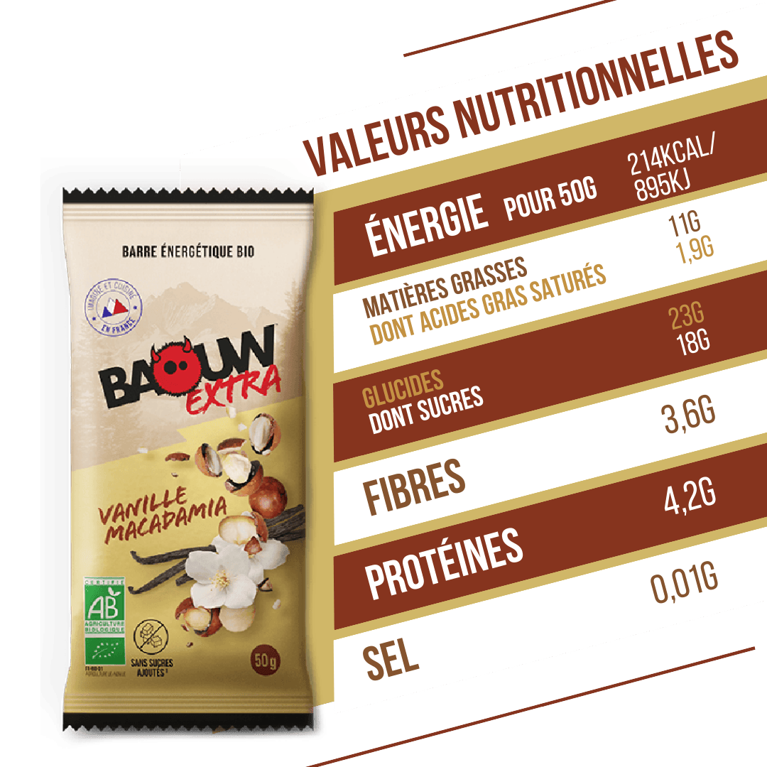Energieriegel BAOUW BIO EXTRA Vanille-Macadamia (50g)