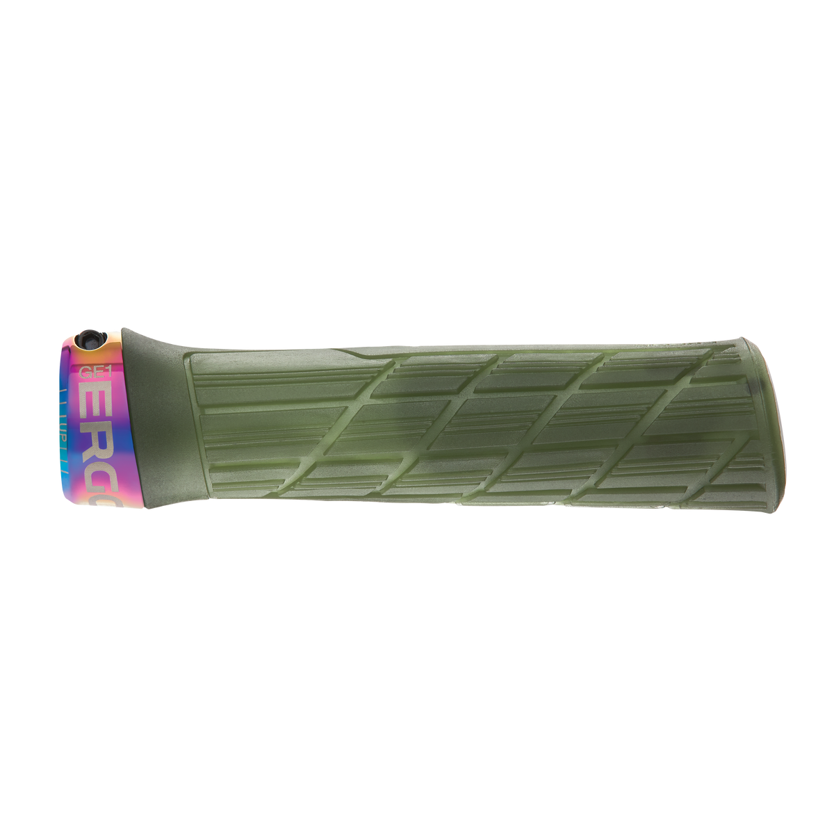 ERGON GE1 EVO Factory Slim Griffe in Frozen Moss Grün mit Oil-Slick-Klemmringen – Detailansicht