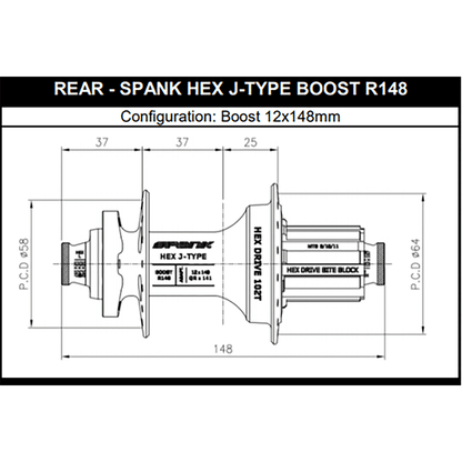 Hinterradnabe SPANK HEX DRIVE 102T 12x148 mm Boost