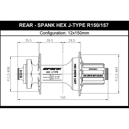 Hinterradnabe SPANK HEX DRIVE 102T 12x150/157 mm