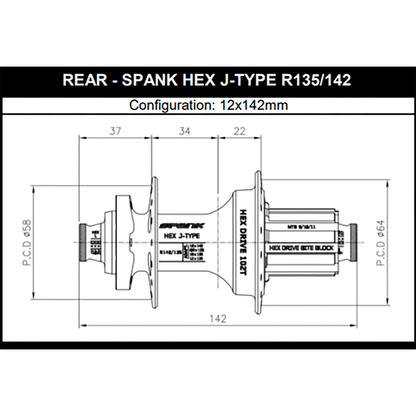 Hinterradnabe SPANK HEX DRIVE 102T 12x135/142 mm