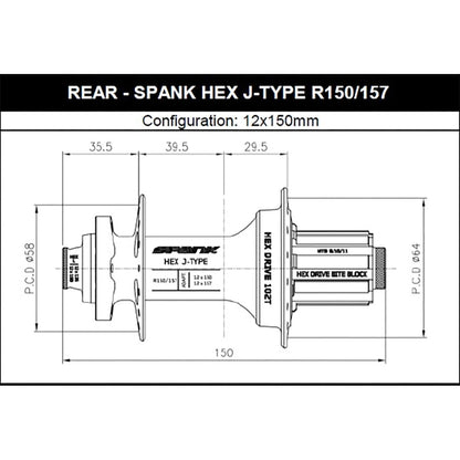 Hinterradnabe SPANK HEX DRIVE 102T 12x150/157 mm