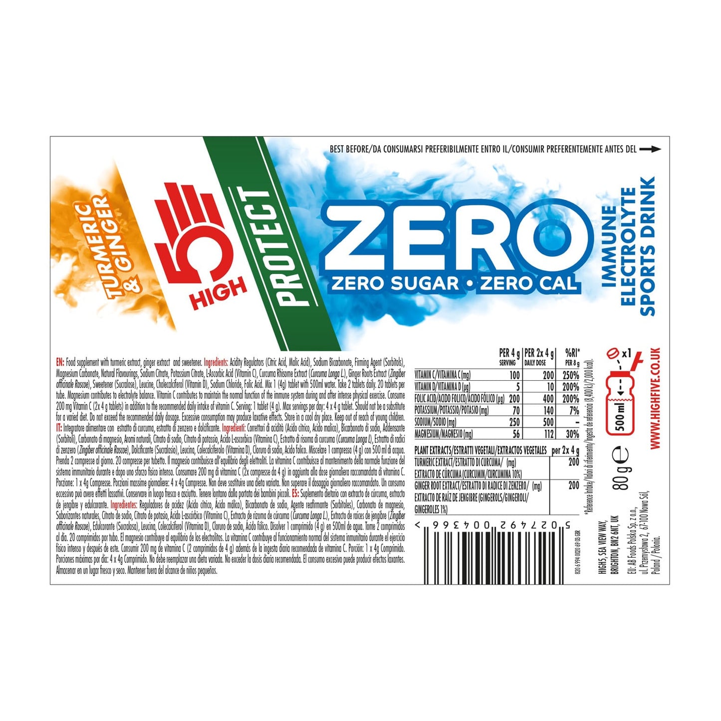 Anticramp Getränk HIGH5 ZERO PROTECT Tube 20 Pastillen Kurkuma Ingwer