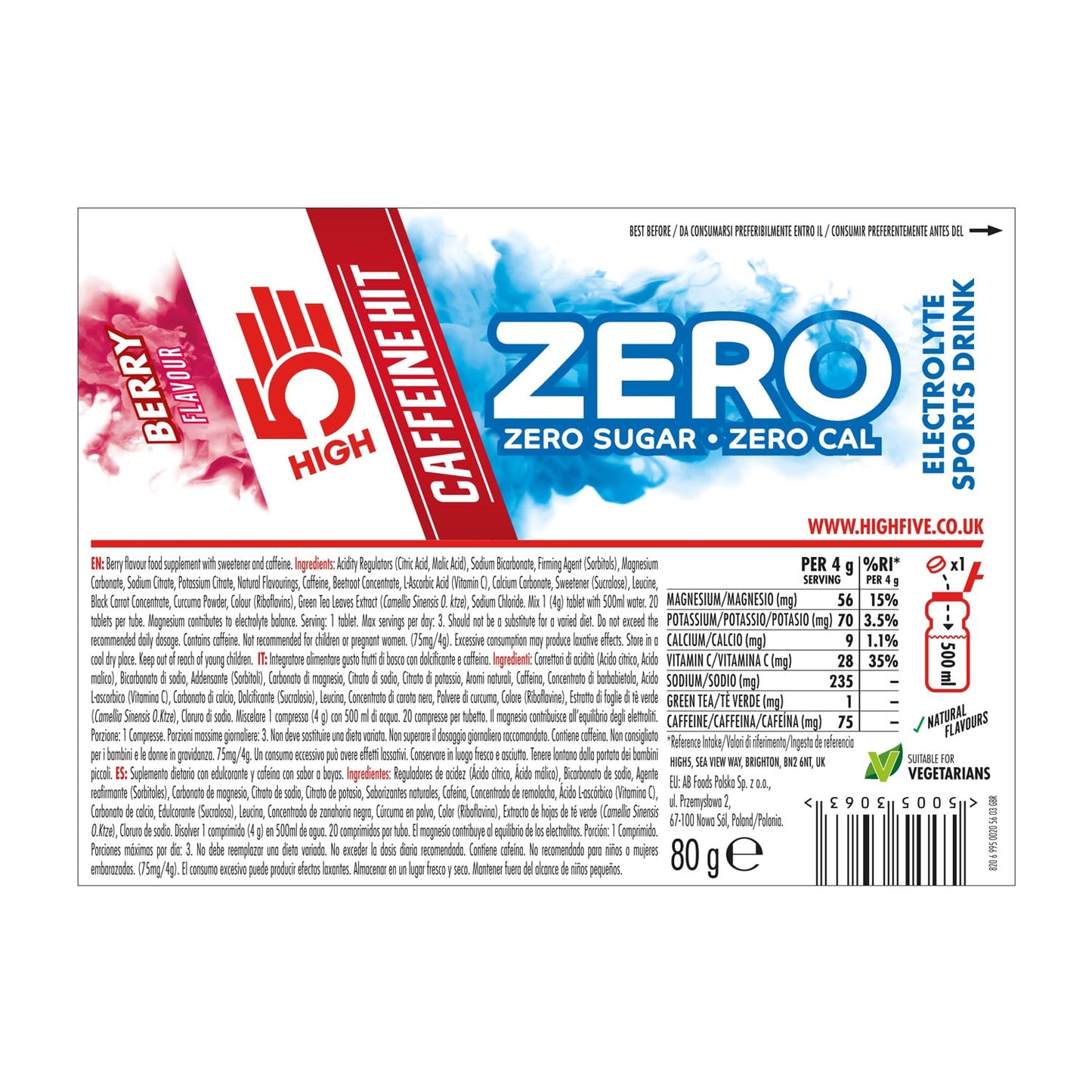 Anticramp Getränk HIGH5 ZERO Caffeine Hit Tube 20 Pastillen Frucht Rot