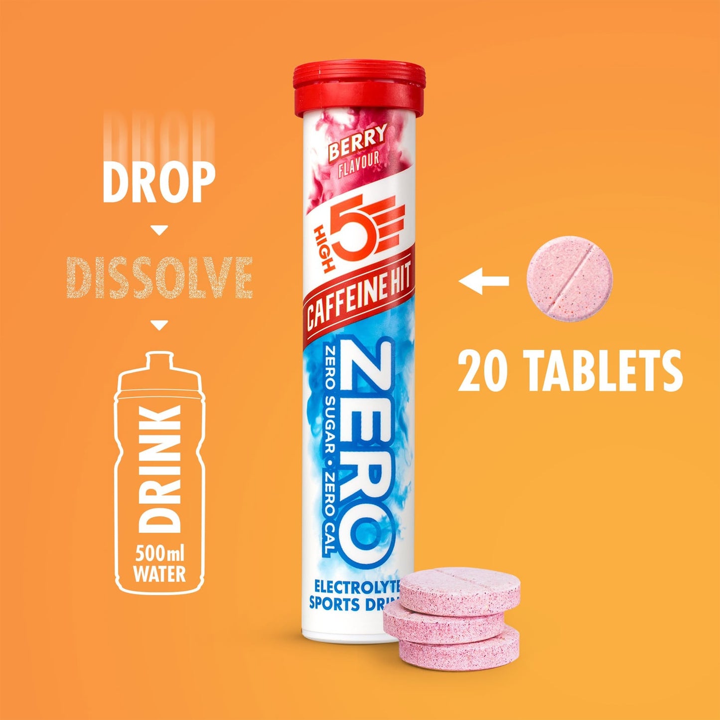 Anticramp Getränk HIGH5 ZERO Caffeine Hit Tube 20 Pastillen Frucht Rot