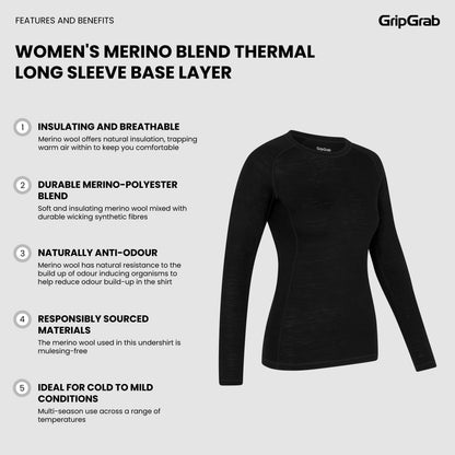 Damen-Langarm-Funktionsunterhemd GRIPGRAB MERINO BLEND THERMAL Schwarz
