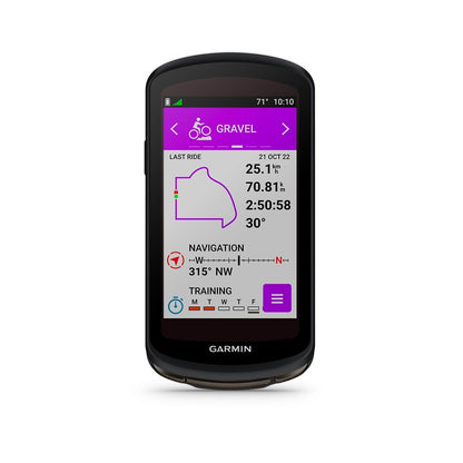 GARMIN EDGE 1040 SOLAR GPS-Fahrradcomputer — Vorderansicht mit Gravel-Strecke