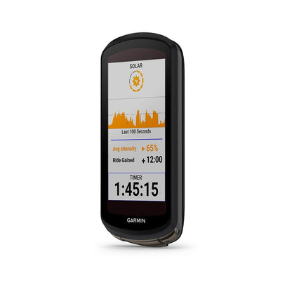 GARMIN EDGE 1040 SOLAR GPS-Fahrradcomputer — Dreiviertelansicht mit Solardisplay