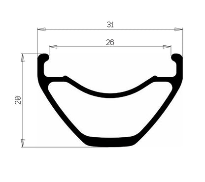 Felgenprofil der HOPE FORTUS 26 W: 31 mm Außenbreite, 26 mm Innenbreite, 20 mm Höhe