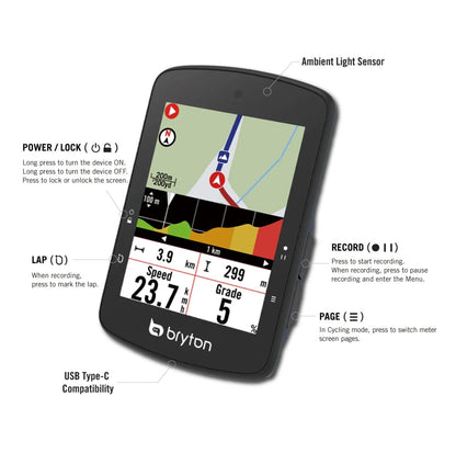 BRYTON RIDER S510E GPS-Fahrradcomputer — Übersicht über Tasten und Anschlüsse