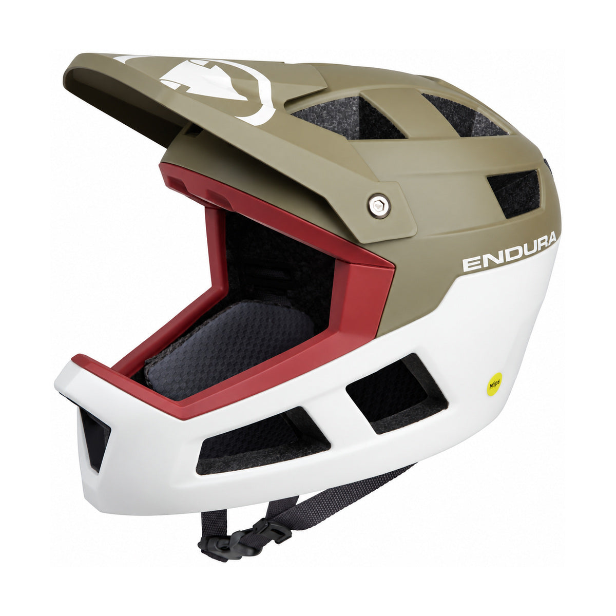 ENDURA SINGLETRACK MTB-Fullface-Helm mit MIPS in Grün/Weiß — weißer Hintergrund