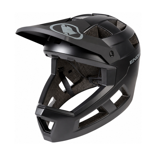 ENDURA SINGLETRACK MTB-Fullface-Helm mit MIPS in Schwarz — weißer Hintergrund