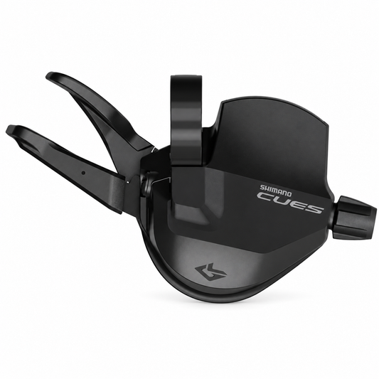 Rechter SHIMANO CUES 10-fach-Schalthebel SL-U6050 Short Reach mit Ganganzeige — Produktansicht vor weißem Hintergrund