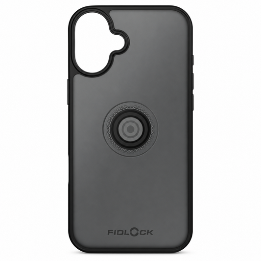 Schwarze FIDLOCK VACUUM Hülle für iPhone 16+ — Produktansicht vor weißem Hintergrund
