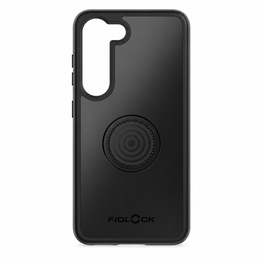 Schwarze FIDLOCK VACUUM Hülle für Samsung S23 — Produktansicht vor weißem Hintergrund