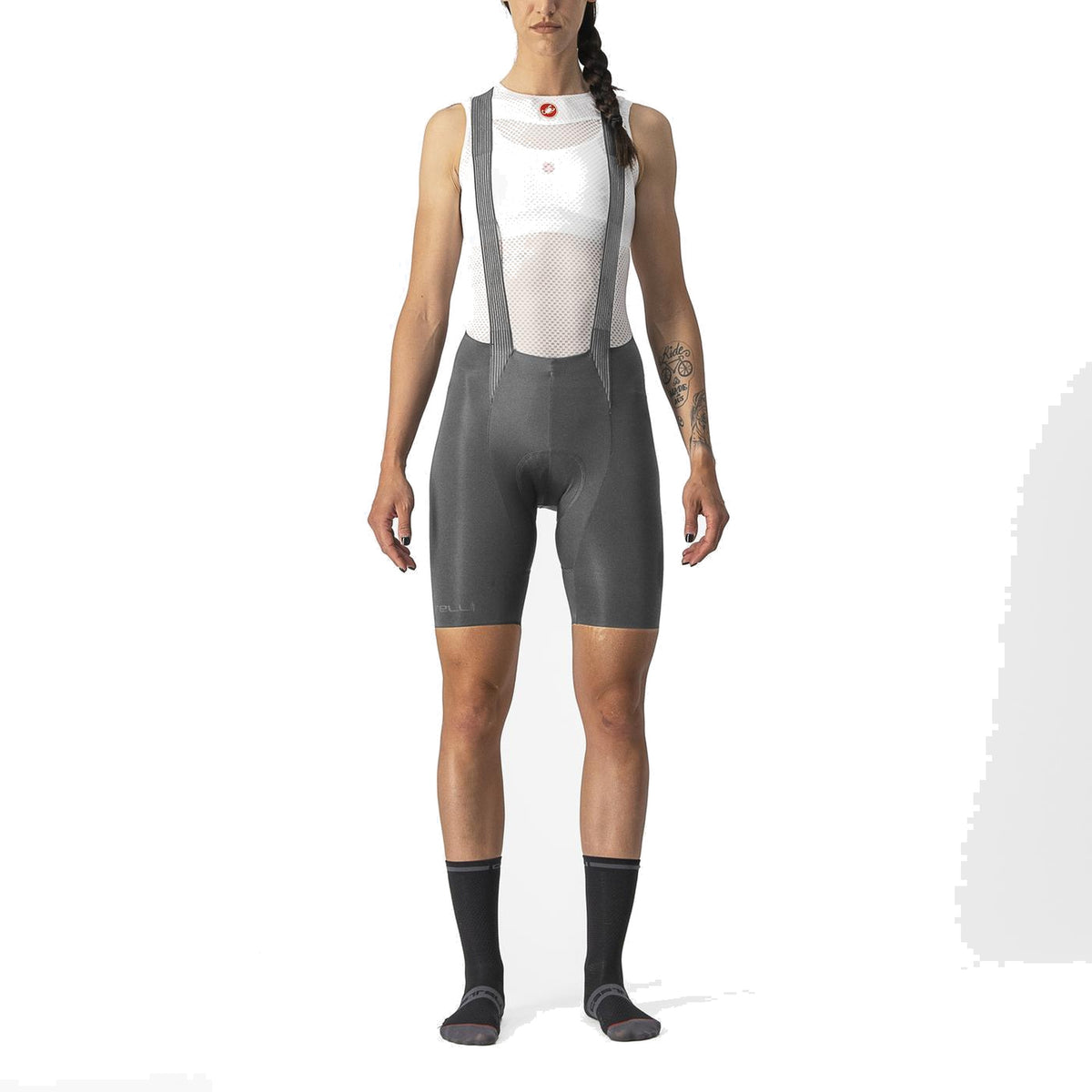 Kurze Damen-Radträgerhose CASTELLI FREE AERO RC W in Grau — weißer Hintergrund, 2000 x 2000