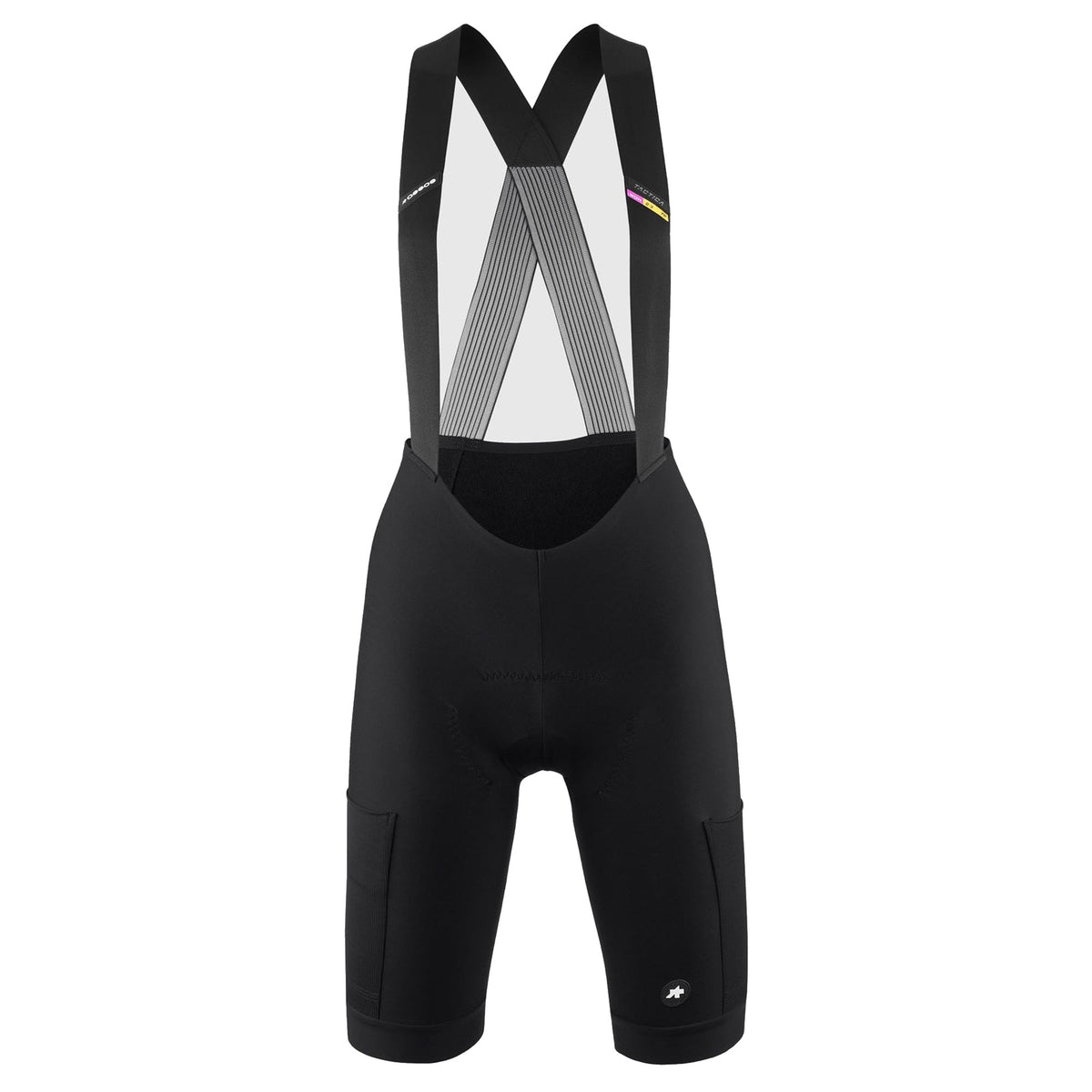 Kurze Damen-Radträgerhose ASSOS TACTICA SPRING FALL T5 in Schwarz — weißer Hintergrund, 2000 x 2000