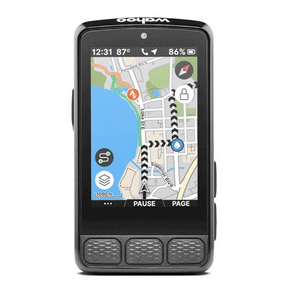 WAHOO ELEMNT ROAM V3 GPS-Fahrradcomputer — Vorderansicht mit Streckenkarte