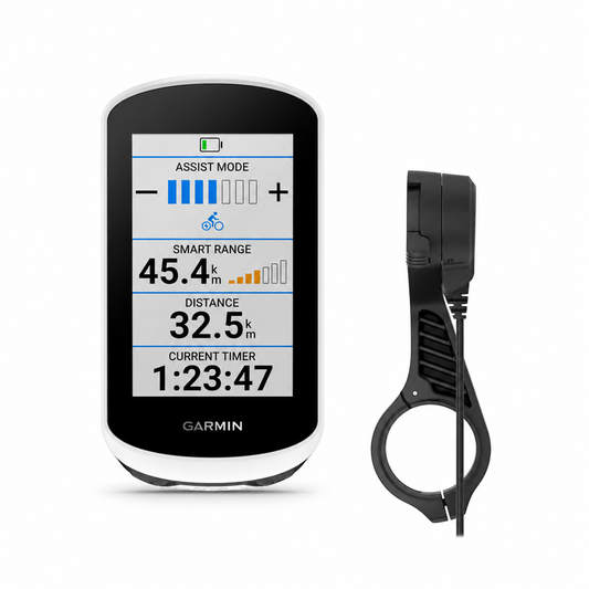 GARMIN EDGE EXPLORE 2 POWER GPS-Set mit Stromversorgungshalterung — Set und Zubehör auf weißem Hintergrund