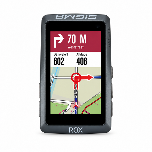 SIGMA ROX 12.1 EVO Basic GPS-Fahrradcomputer in Schwarz — Vorderansicht auf weißem Hintergrund