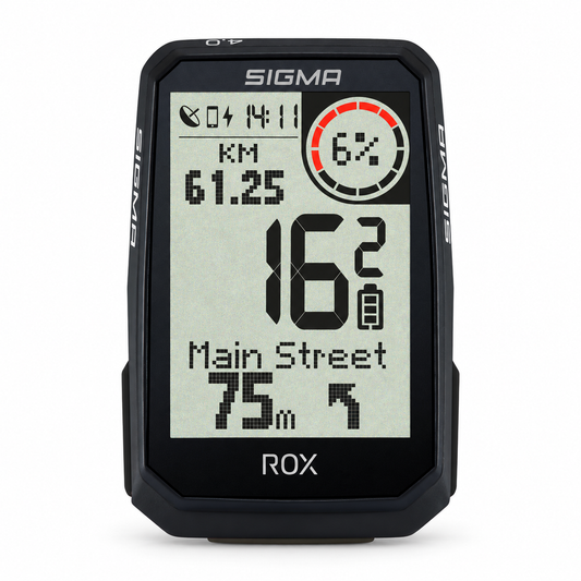SIGMA ROX 4.0 ENDURANCE GPS-Fahrradcomputer in Schwarz — Vorderansicht auf weißem Hintergrund