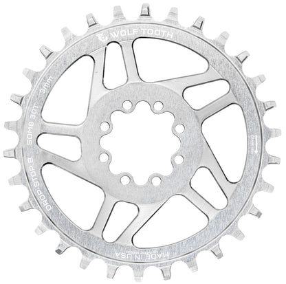 Mono-Kettenblatt WOLF TOOTH DROP-STOP B DM 8 Schrauben Sram Eagle Boost Offset 3mm Raw Silver