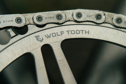 Mono-Kettenblatt WOLF TOOTH DROP-STOP B DM 8 Schrauben Sram Eagle Boost Offset 0mm Raw Silver