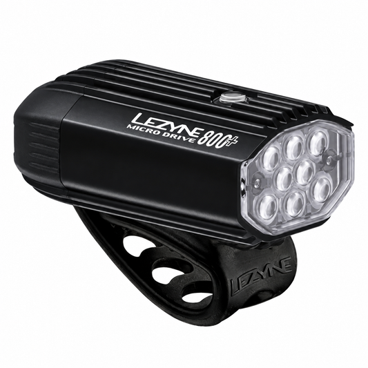 LEZYNE MICRO DRIVE 800+ Frontleuchte in Schwarz — Produktansicht auf weißem Hintergrund