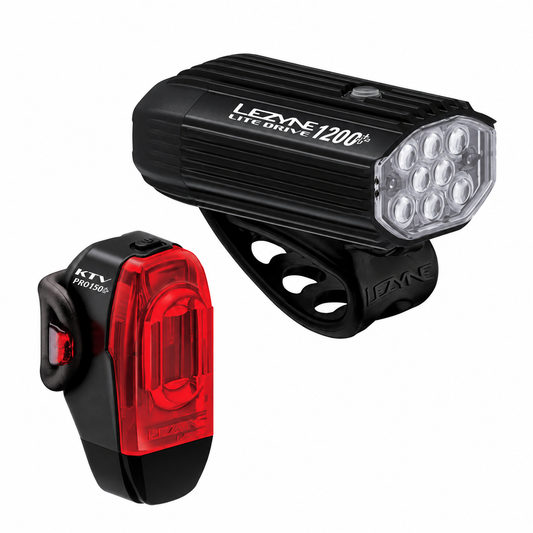 LEZYNE LITE DRIVE 1200+ / KTV DRIVE PRO+ Fahrradlicht-Set für vorne und hinten — Produktansicht auf weißem Hintergrund