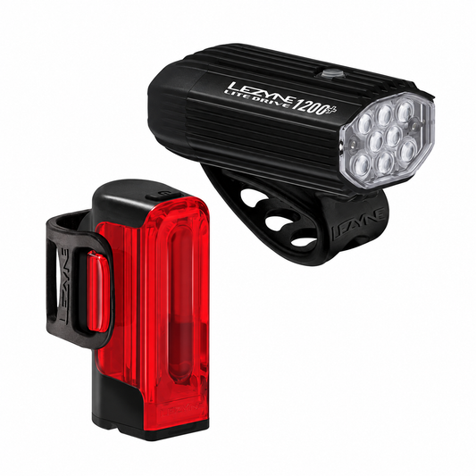 LEZYNE LITE DRIVE 1200+ / STRIP DRIVE PRO 400+ Front- und Rückleuchten — Produktansicht auf weißem Hintergrund