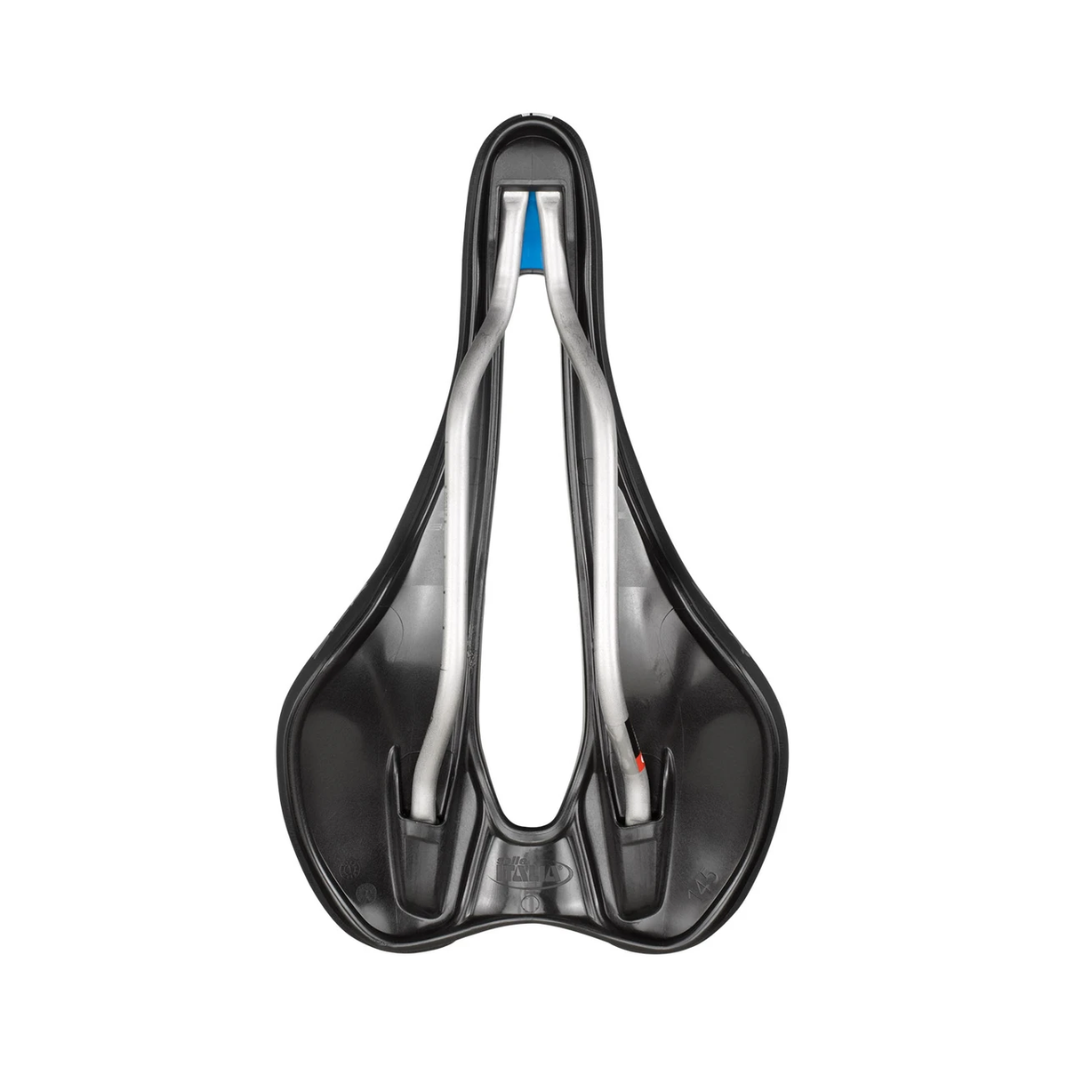 Sattel SELLE ITALIA SLR BOOST ENDURANCE SUPERFLOW L mit Ti316-Sattelstreben, Schwarz — Unteransicht mit Ti316-Sattelstreben
