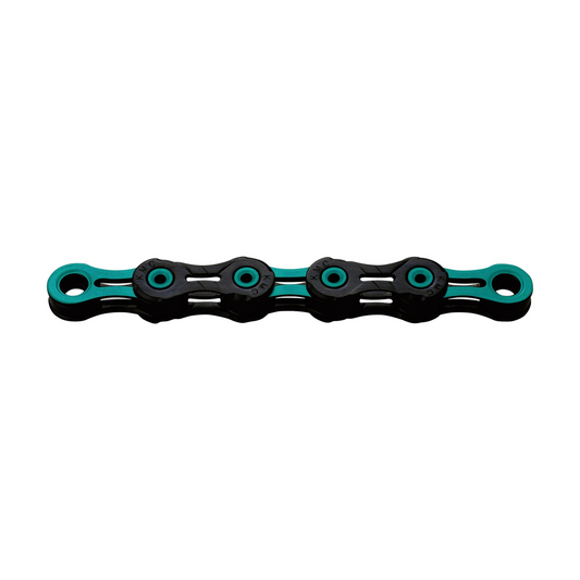KMC 11-fach-Kette DLC11 Waxed Schwarz/Himmelblau — Produktfoto auf weißem Hintergrund