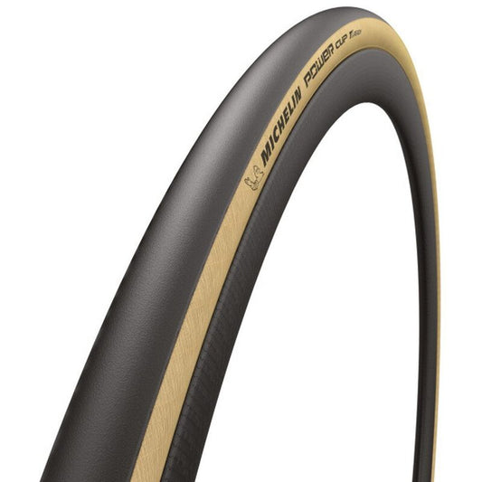 MICHELIN POWER CUP Reifen der Wettkampflinie, 700c, Tubeless Ready, beige — Produktansicht vor weißem Hintergrund