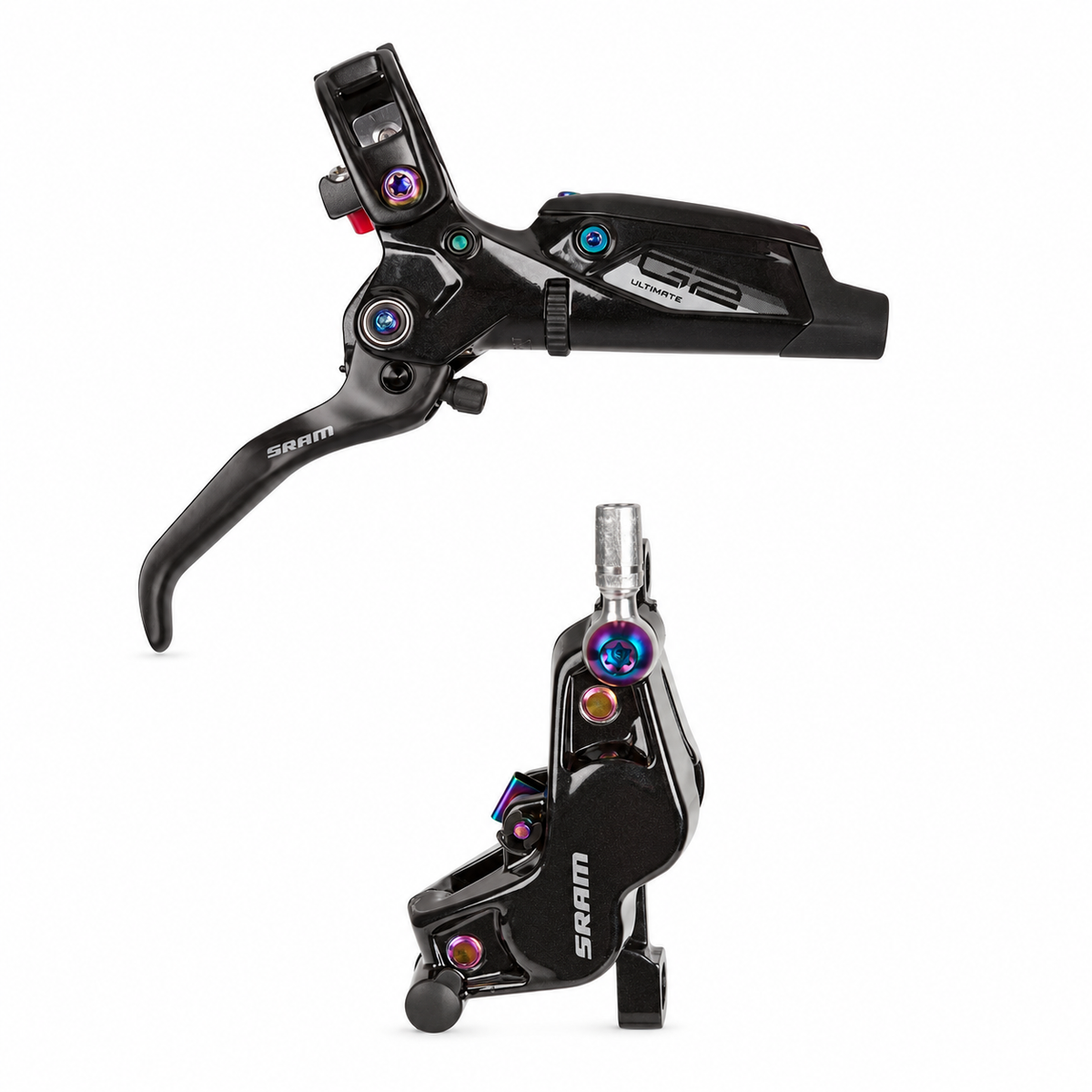 SRAM G2 Ultimate A1 Rainbow Hinterradbremse — Bremshebel und Bremssattel vor weißem Hintergrund