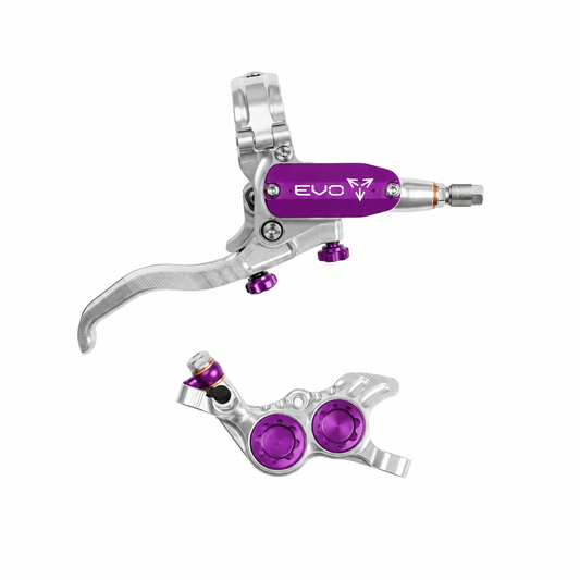 HOPE TECH 4 EVO GR4 Bremse in Silber/Violett — Bremshebel und Bremssattel auf weißem Hintergrund