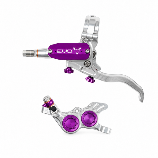 HOPE TECH 4 EVO GR4 Bremse in Silber/Violett — Bremshebel und Bremssattel auf weißem Hintergrund