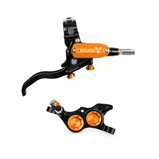 HOPE TECH 4 EVO TR4 Bremse in Schwarz/Orange — Bremshebel und Bremssattel auf weißem Hintergrund
