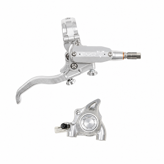 HOPE TECH 4 EVO X2 FM Bremse in Silber/Silber – Bremshebel und Bremssattel vor weißem Hintergrund