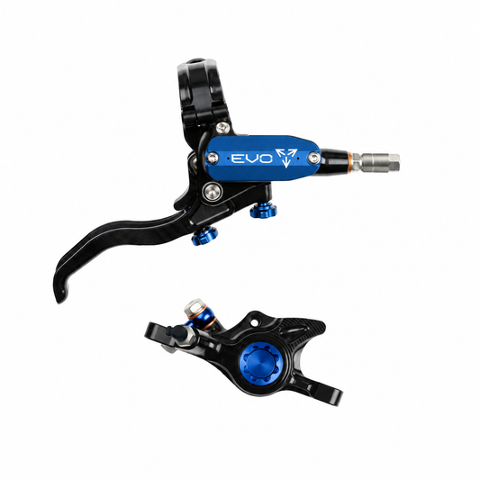 HOPE TECH 4 EVO X2 PM Bremse in Schwarz/Blau – Bremshebel und Bremssattel vor weißem Hintergrund
