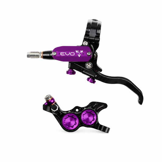 HOPE TECH 4 EVO GR4 Bremse in Schwarz/Violett – Bremshebel und Bremssattel vor weißem Hintergrund