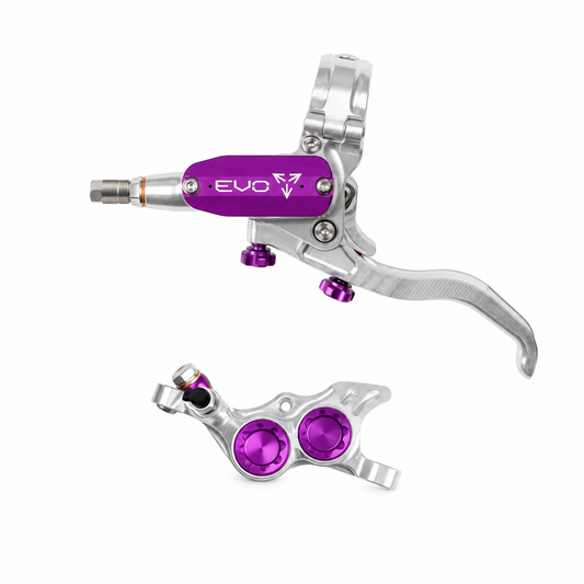 HOPE TECH 4 EVO TR4 Bremse Silber/Violett — Bremshebel und Bremssattel vor weißem Hintergrund
