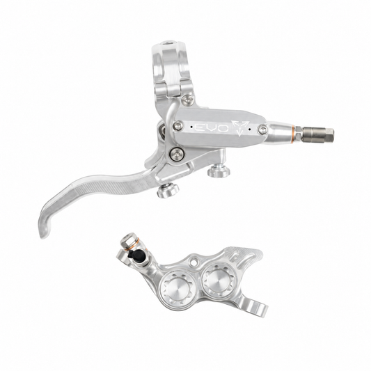HOPE TECH 4 EVO TR4 Bremse Silber/Silber — Bremshebel und Bremssattel vor weißem Hintergrund